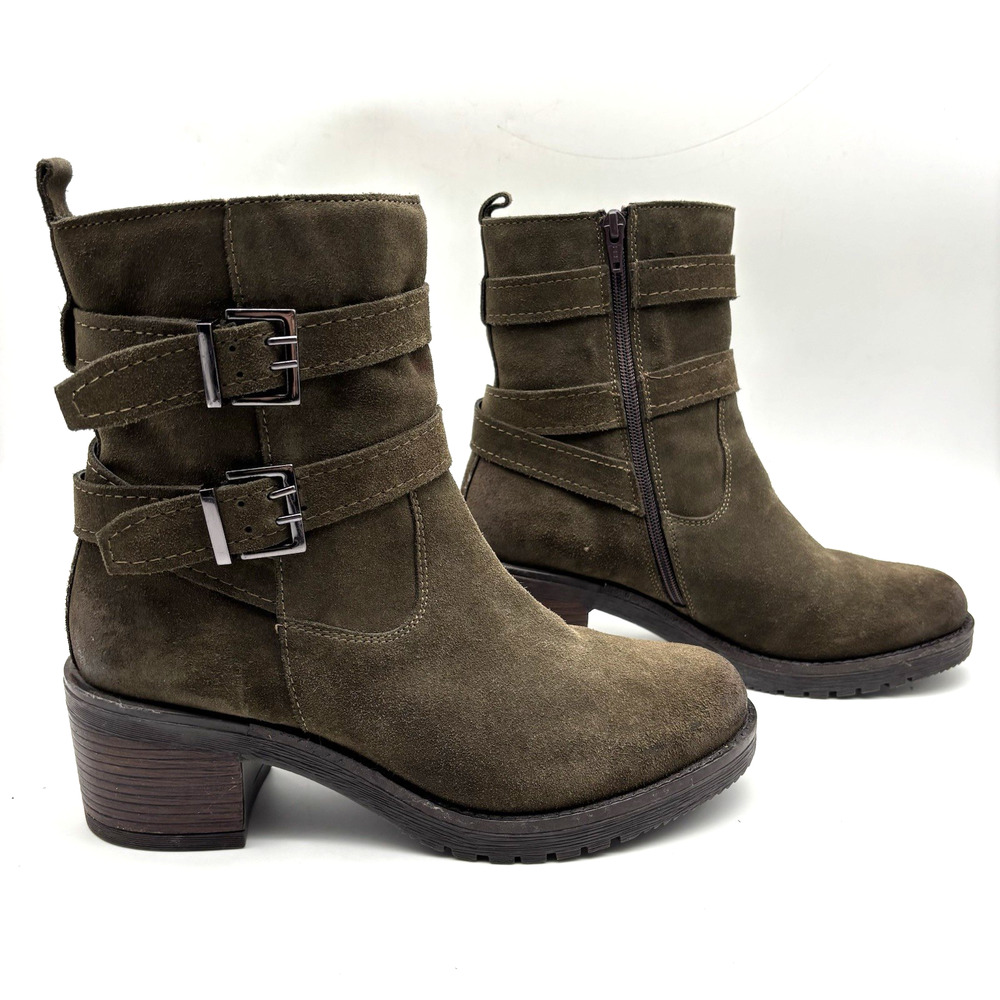 Vintage Foundry Co CHARMAINE Olive Suede Leather Block Heel Moto Boot 11